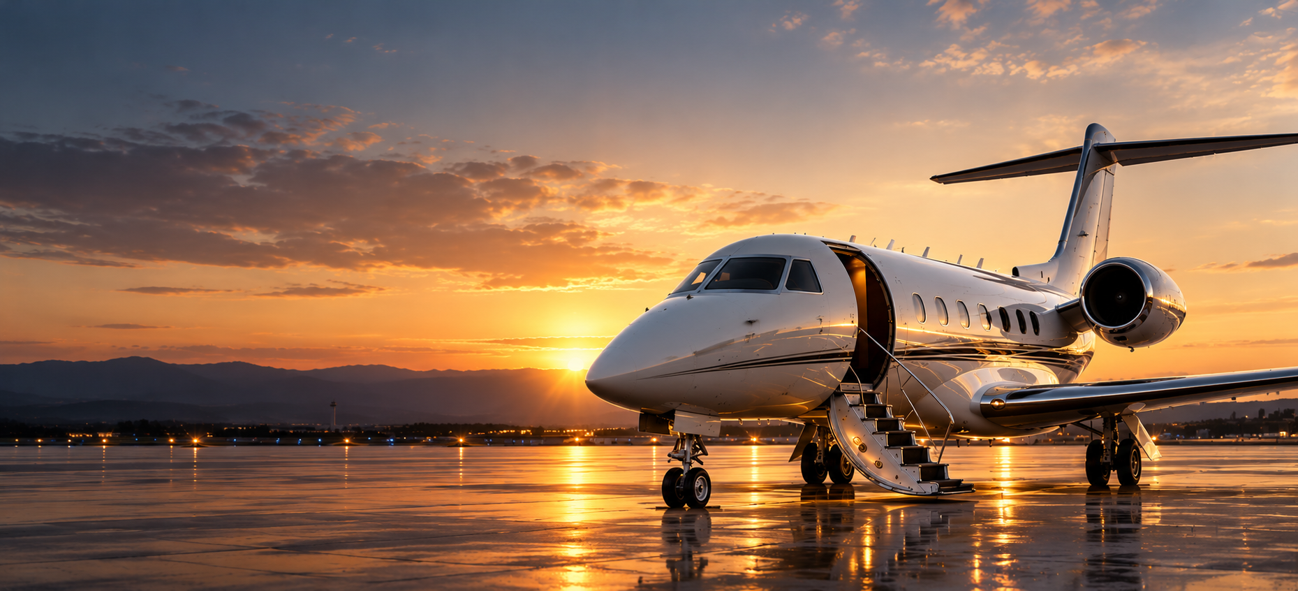Private jet on airport tarmac at sunset